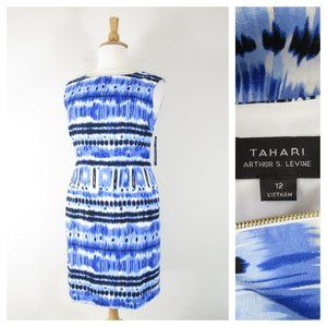 Tahari Womens Blue Navy White Tie Dye Linen Sheath Dress Size 12 Formal NWT $118